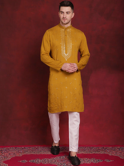 Jompers Men's Sequins Embroidered Kurta Pyjama Set - Mustard