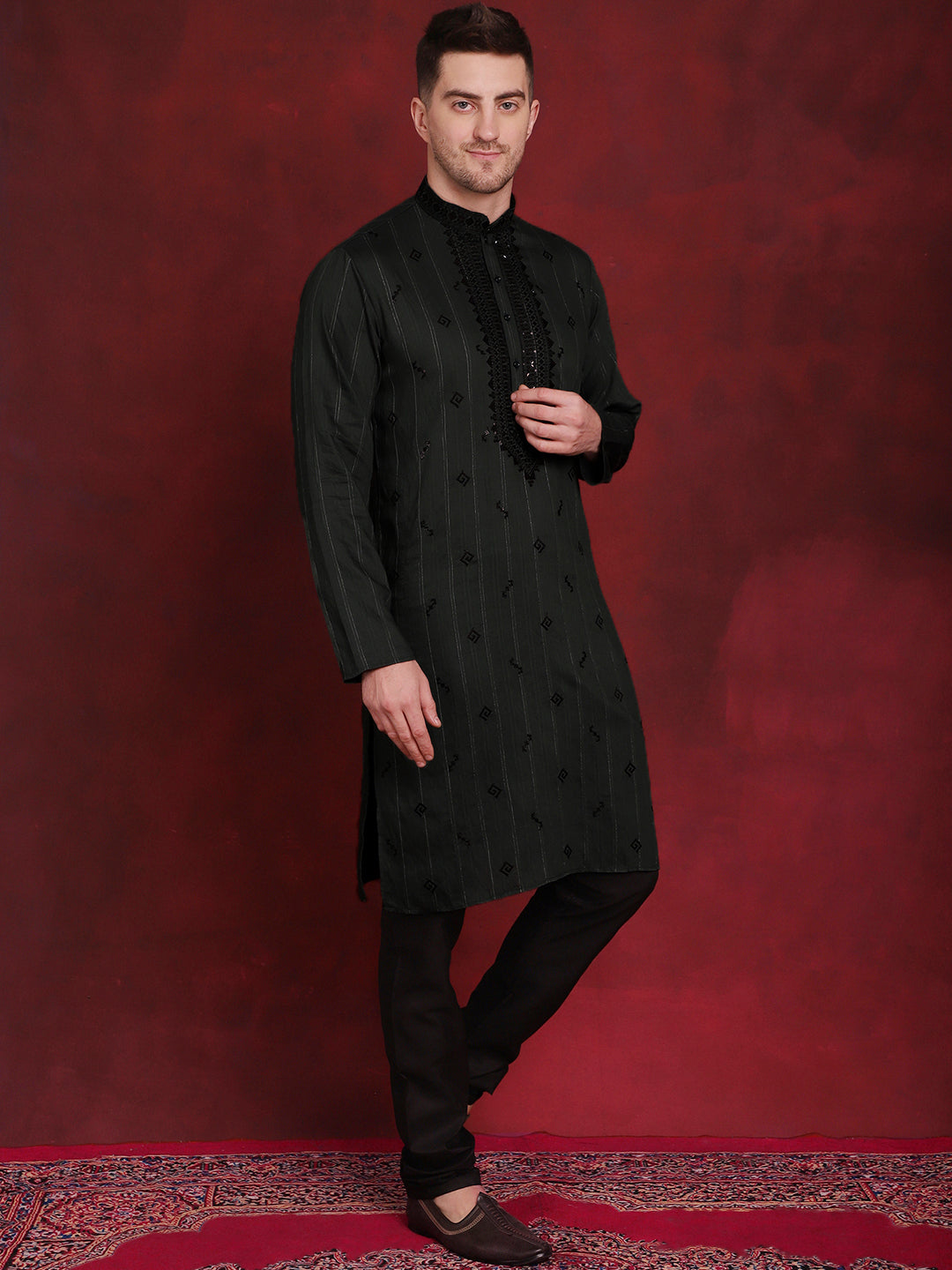 Jompers Men's Sequins Embroidered Kurta Pyjama Set - B-Olive
