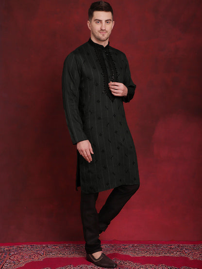 Jompers Men's Sequins Embroidered Kurta Pyjama Set - B-Olive