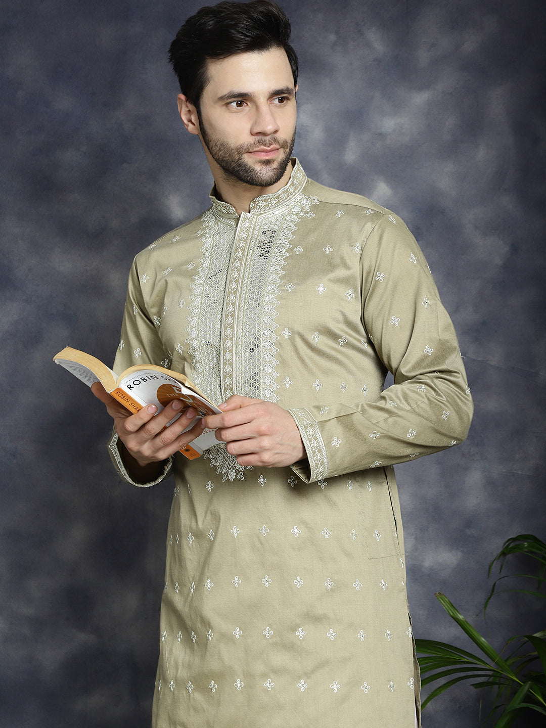Jompers Men's Sequins Embroidered Kurta Pyjama Set - Beige