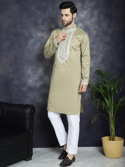 Jompers Men's Sequins Embroidered Kurta Pyjama Set - Beige