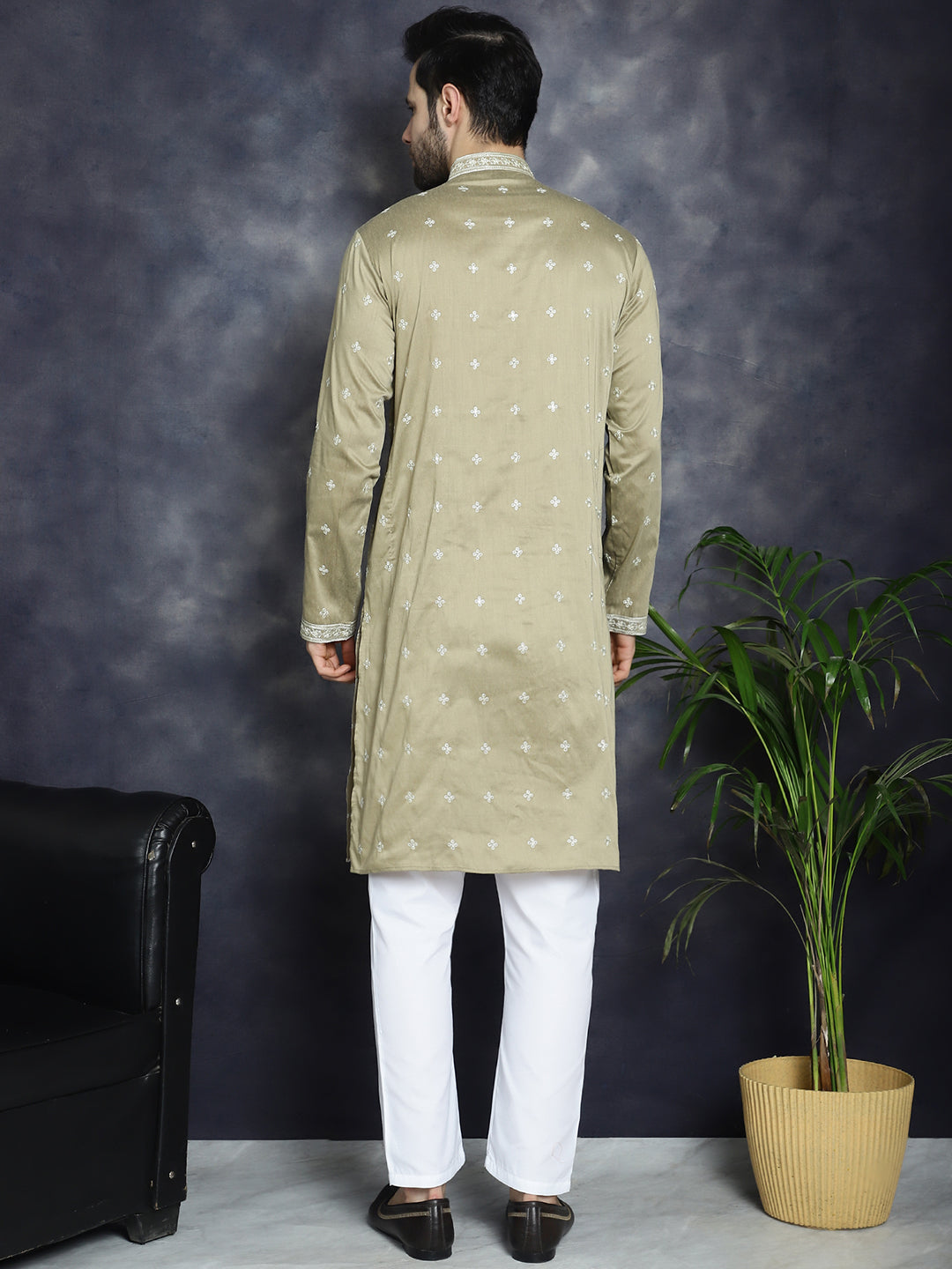 Jompers Men's Sequins Embroidered Kurta Pyjama Set - Beige