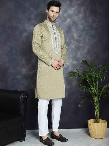 Jompers Men's Sequins Embroidered Kurta Pyjama Set - Beige