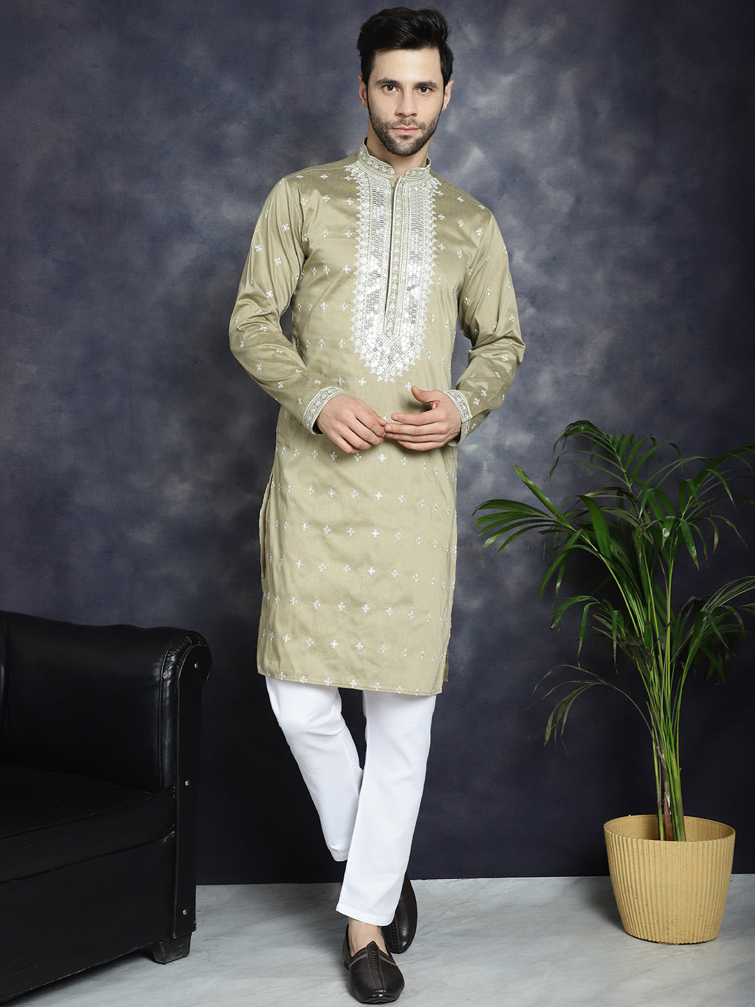 Jompers Men's Sequins Embroidered Kurta Pyjama Set - Beige