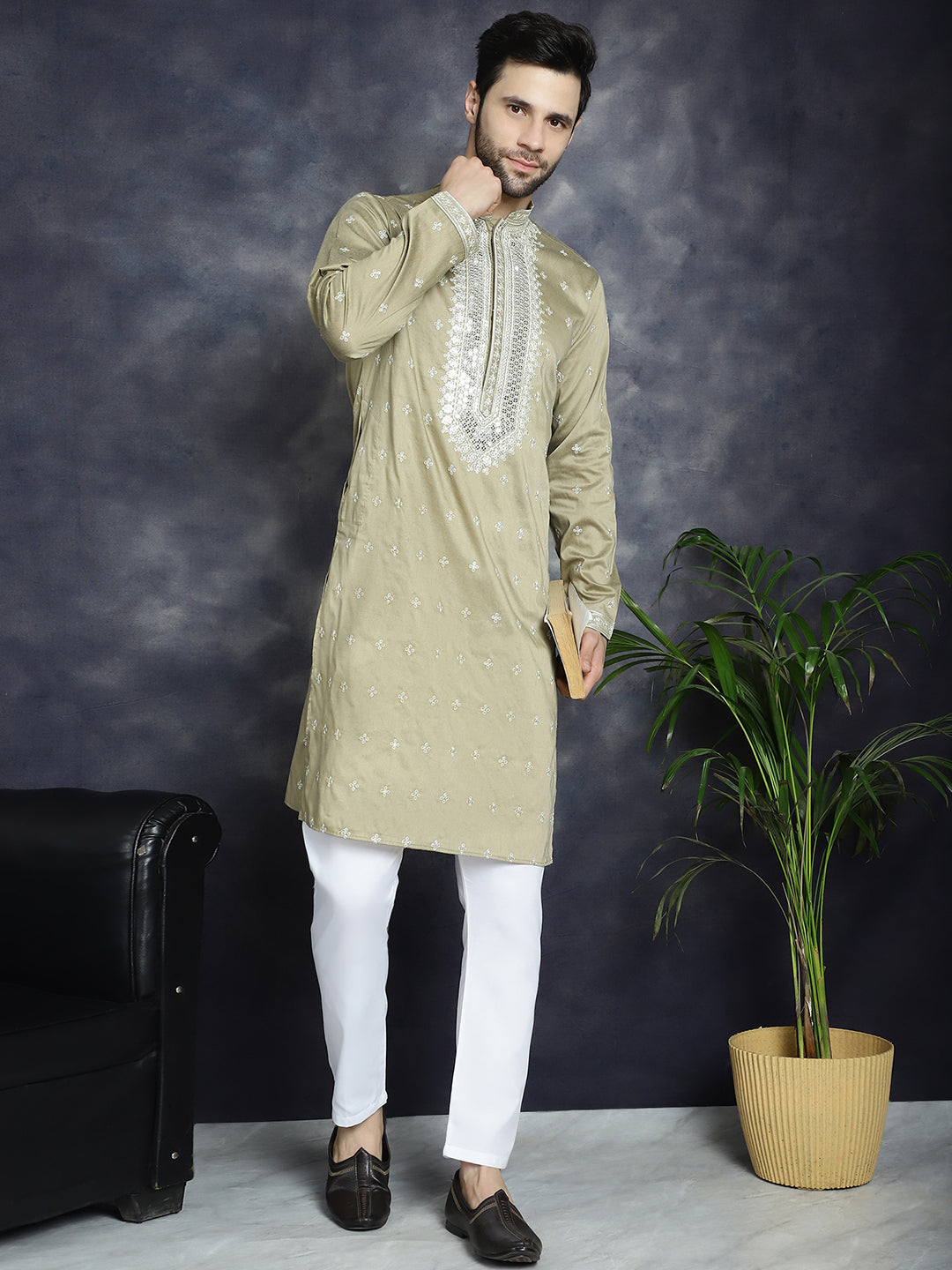 Jompers Men's Sequins Embroidered Kurta Pyjama Set - Beige
