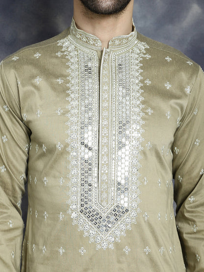 Jompers Men's Sequins Embroidered Kurta Pyjama Set - Beige