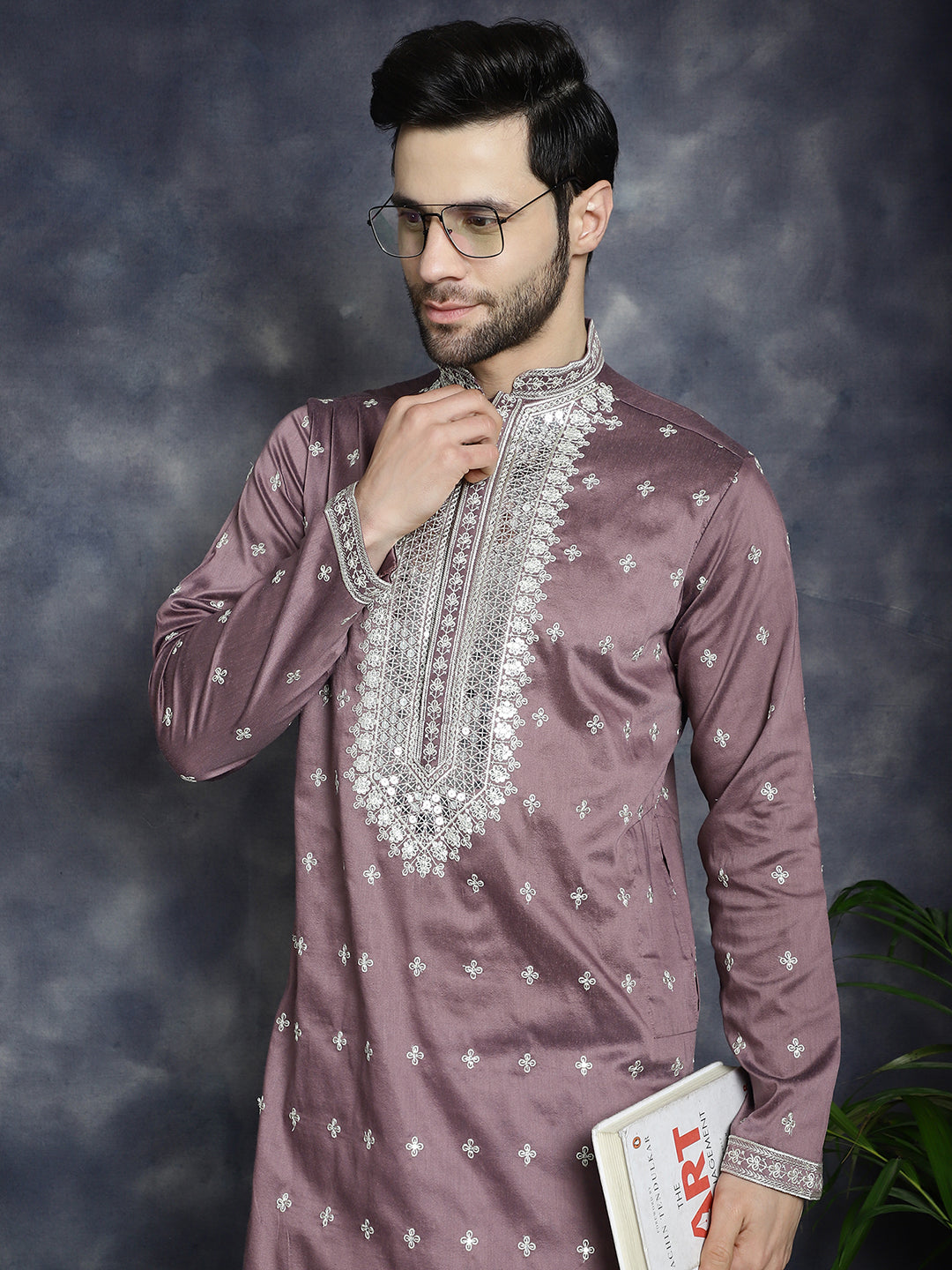 Jompers Men's Sequins Embroidered Kurta Pyjama Set - Megenta