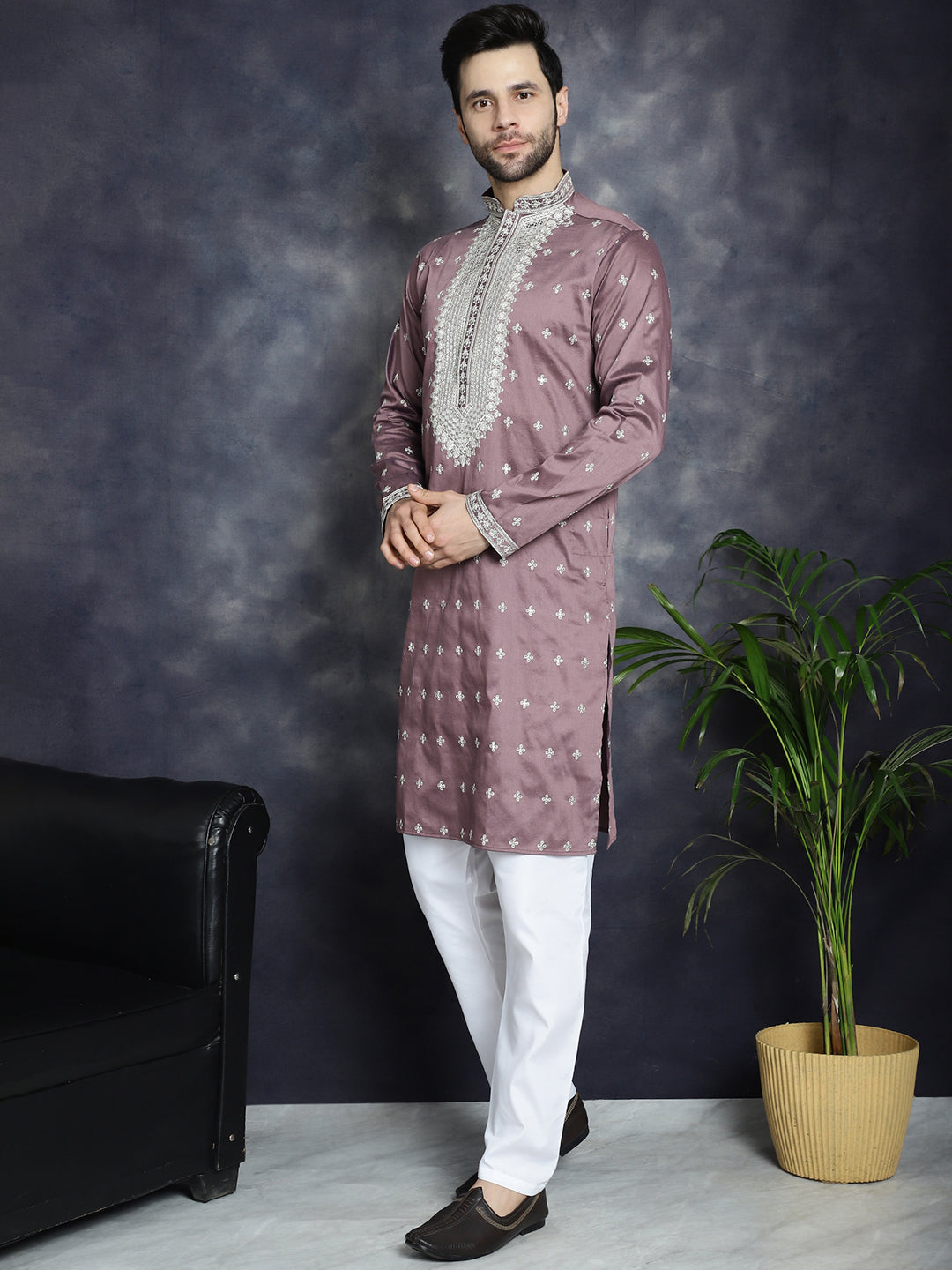 Jompers Men's Sequins Embroidered Kurta Pyjama Set - Megenta
