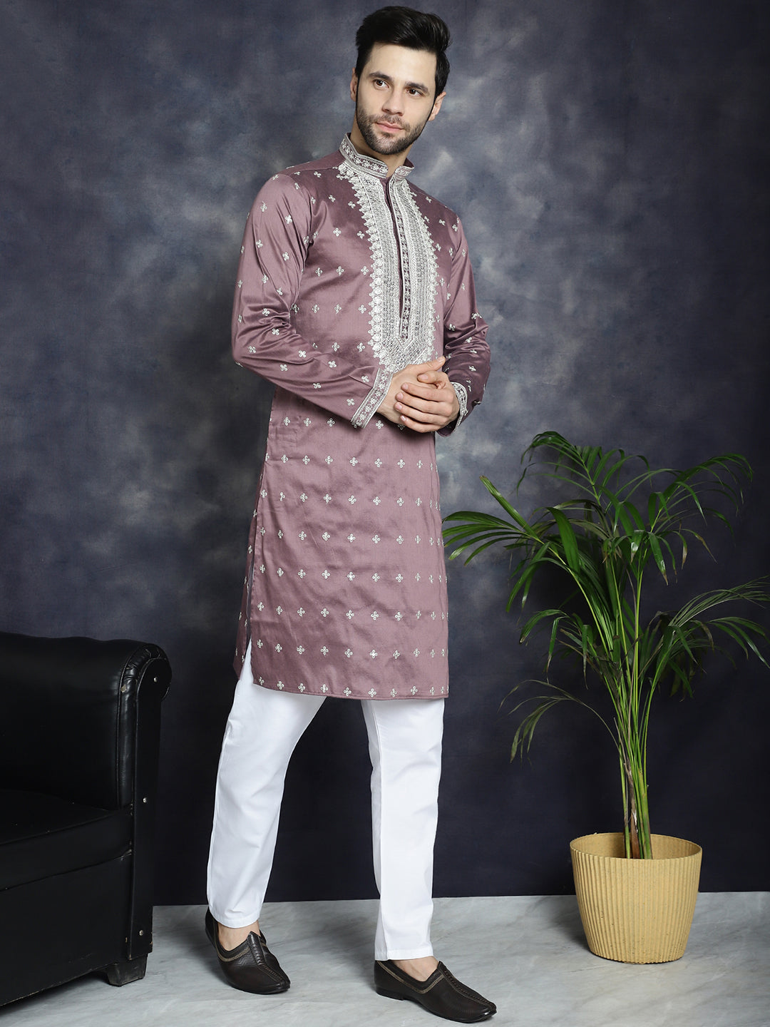 Jompers Men's Sequins Embroidered Kurta Pyjama Set - Megenta