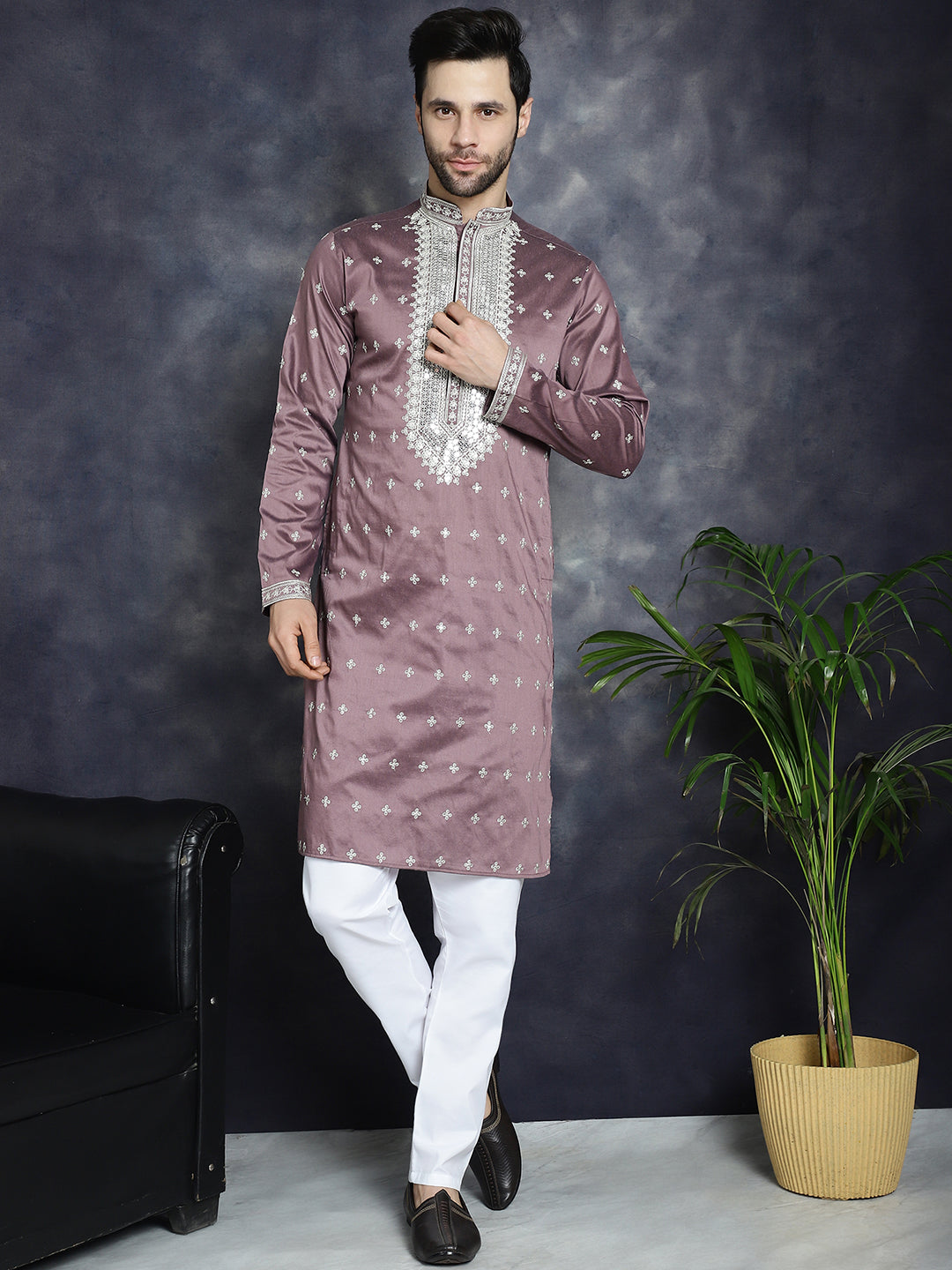 Jompers Men's Sequins Embroidered Kurta Pyjama Set - Megenta
