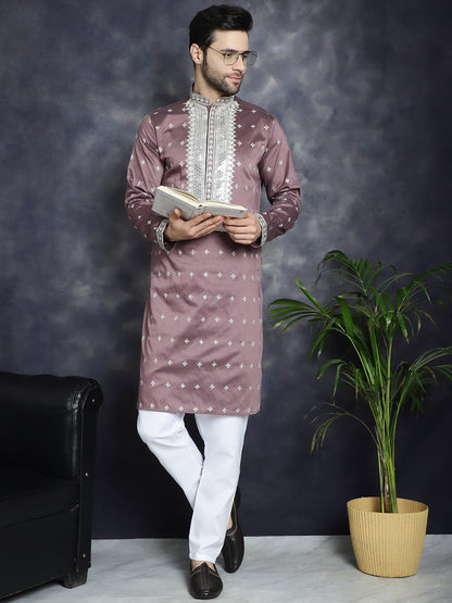 Jompers Men's Sequins Embroidered Kurta Pyjama Set - Megenta