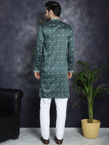Jompers Men's Sequins Embroidered Kurta Pyjama Set - Olive