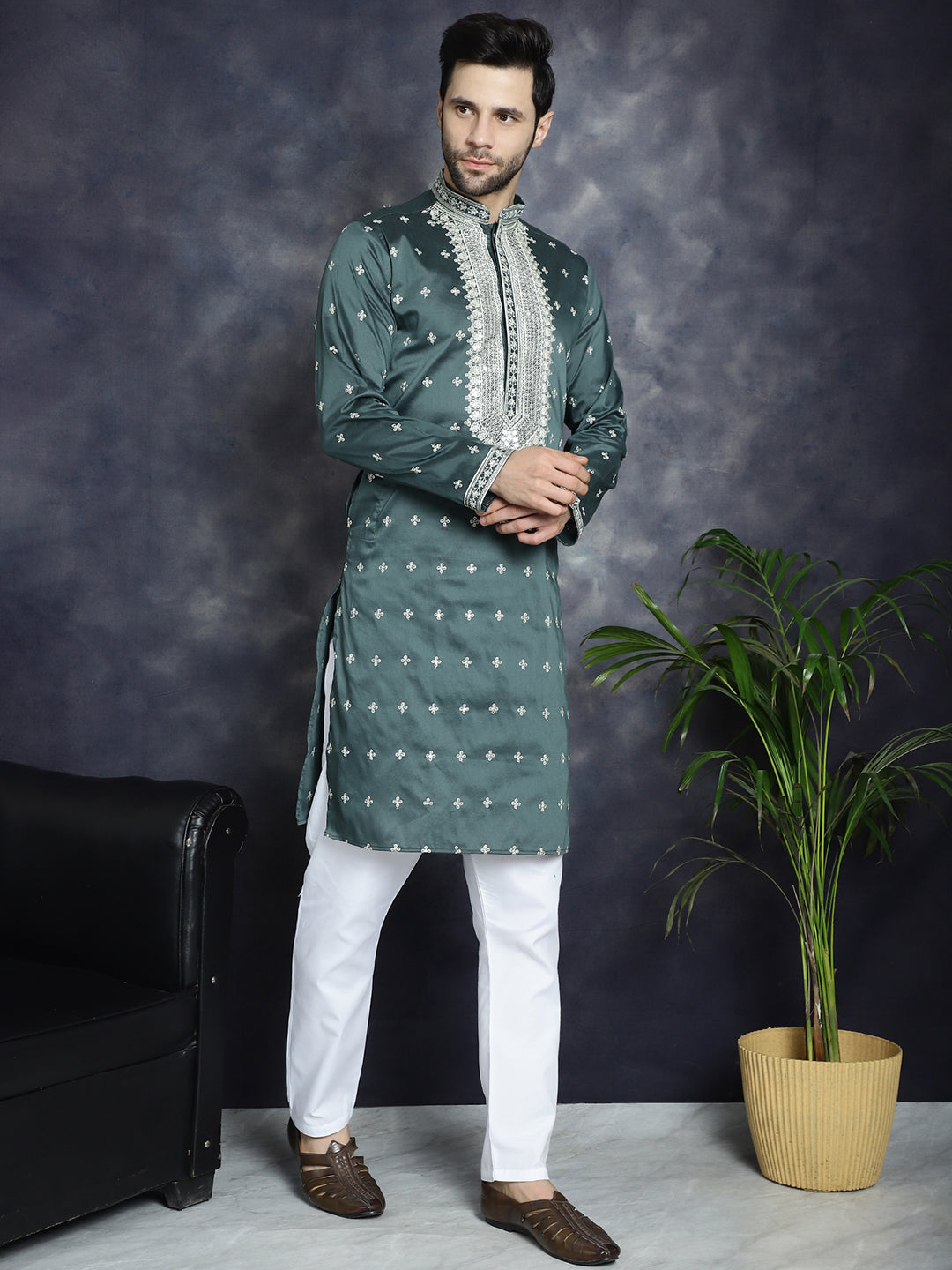 Jompers Men's Sequins Embroidered Kurta Pyjama Set - Olive