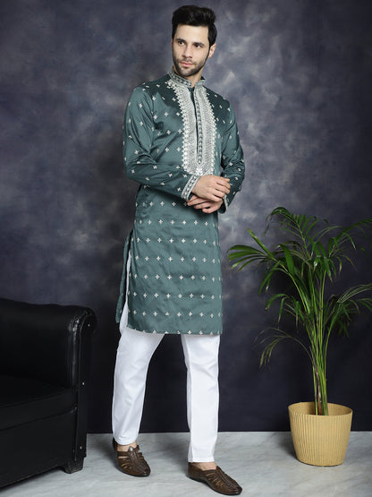 Jompers Men's Sequins Embroidered Kurta Pyjama Set - Olive