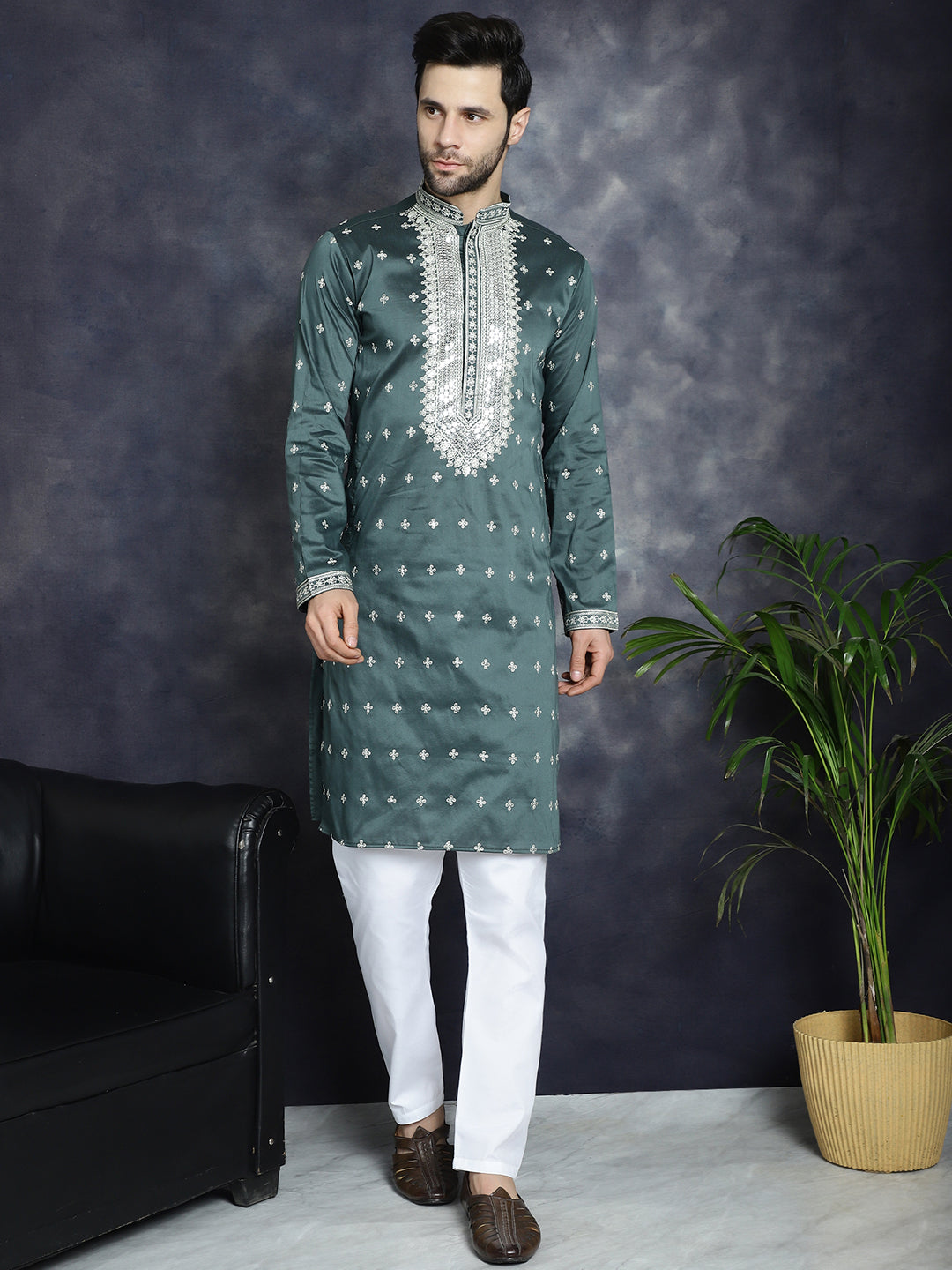 Jompers Men's Sequins Embroidered Kurta Pyjama Set - Olive