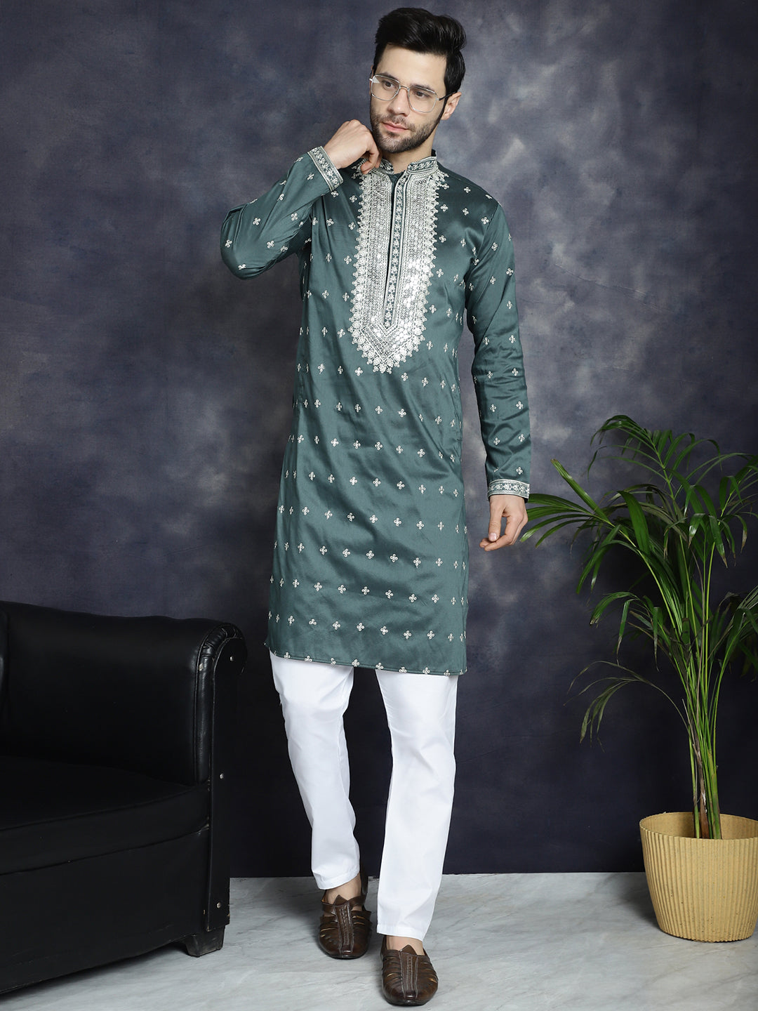 Jompers Men's Sequins Embroidered Kurta Pyjama Set - Olive