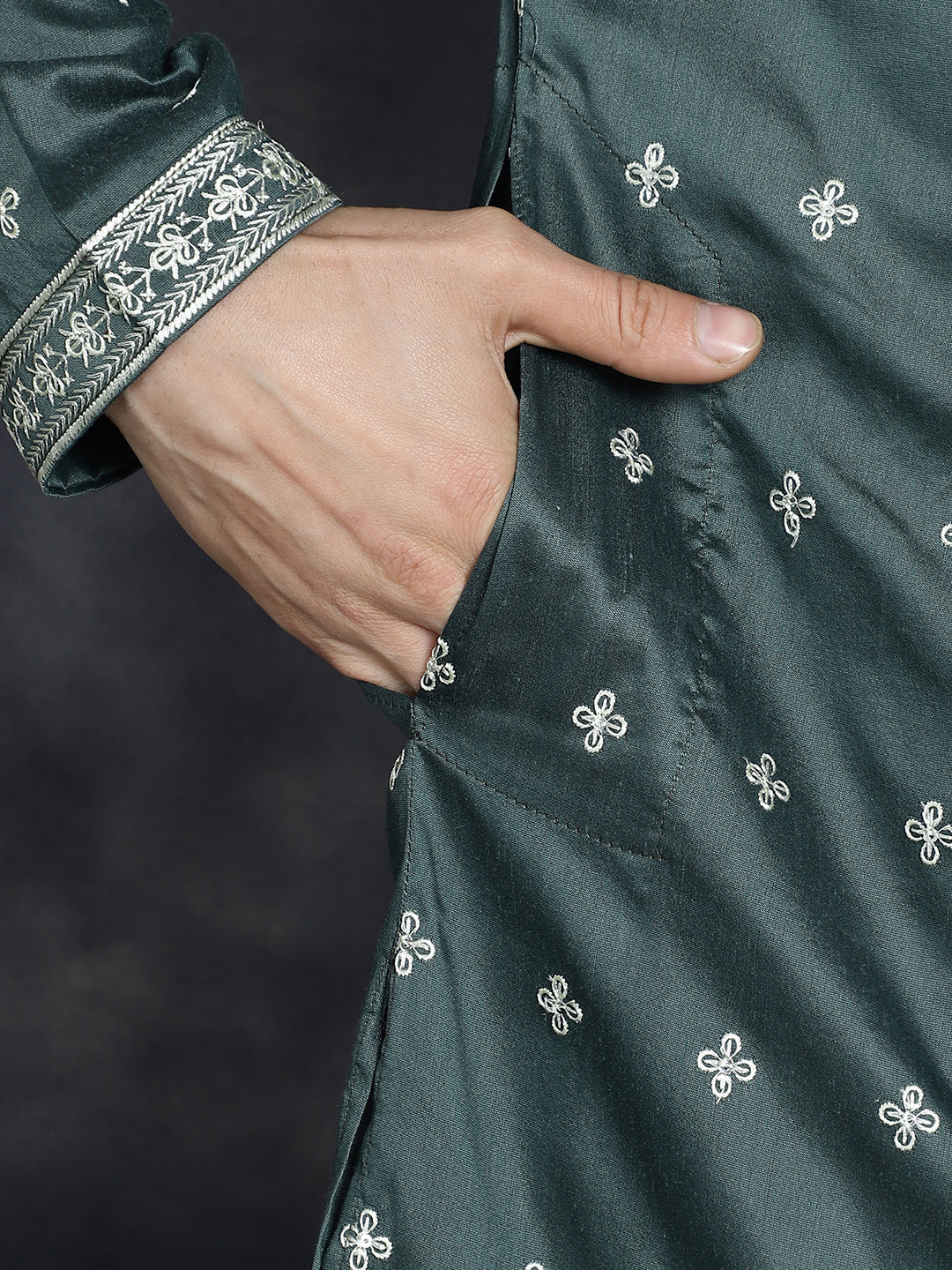 Jompers Men's Sequins Embroidered Kurta Pyjama Set - Olive