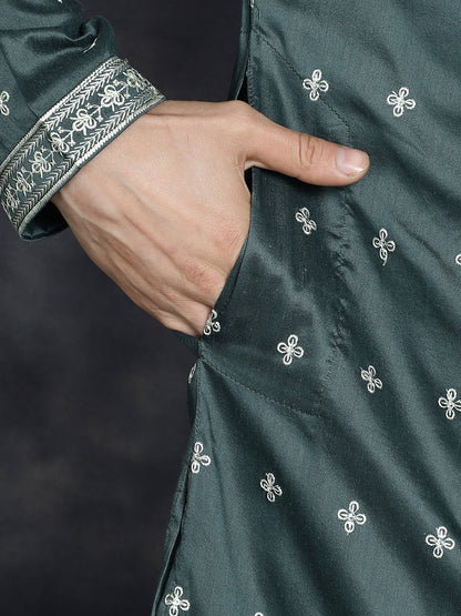Jompers Men's Sequins Embroidered Kurta Pyjama Set - Olive