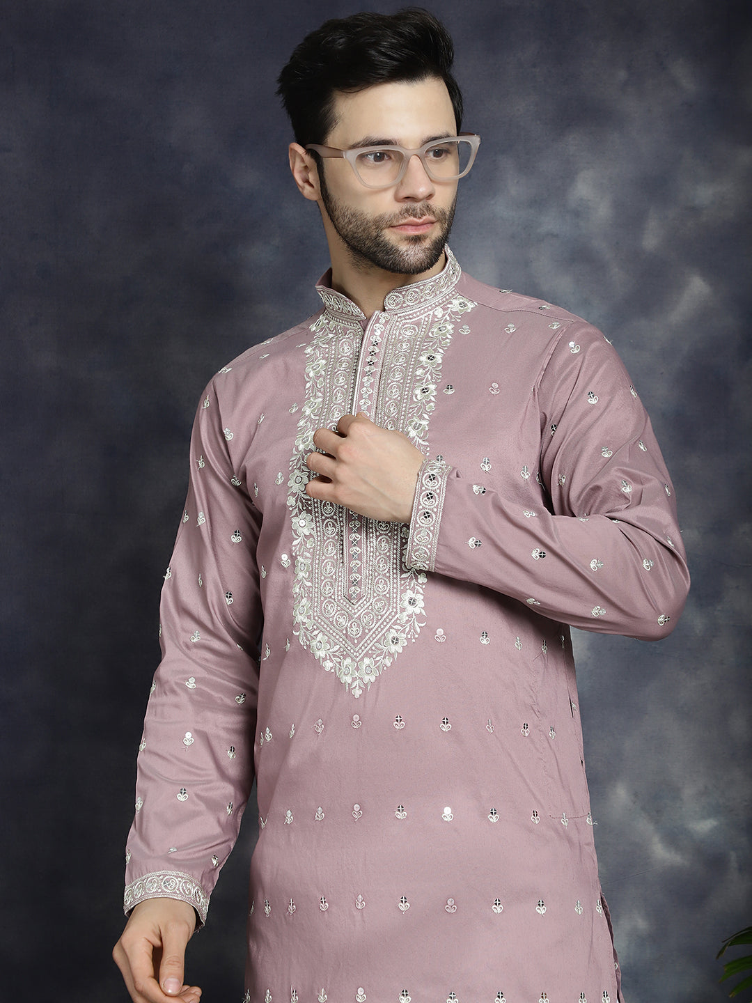 Jompers Men's Chikankari Embroidered Kurta Pyjama Set - Magenta