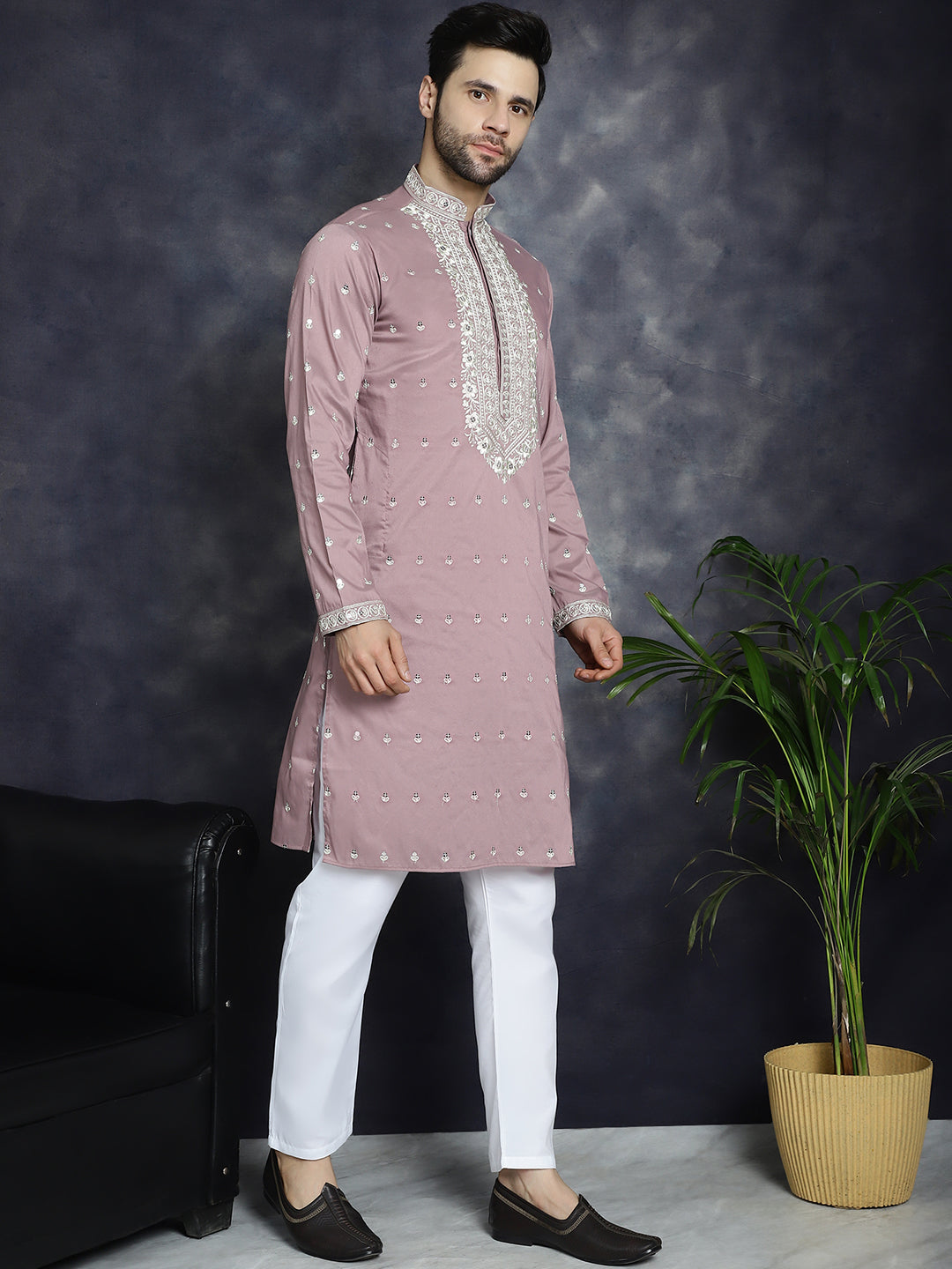 Jompers Men's Chikankari Embroidered Kurta Pyjama Set - Magenta