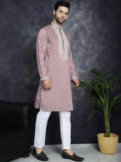 Jompers Men's Chikankari Embroidered Kurta Pyjama Set - Magenta