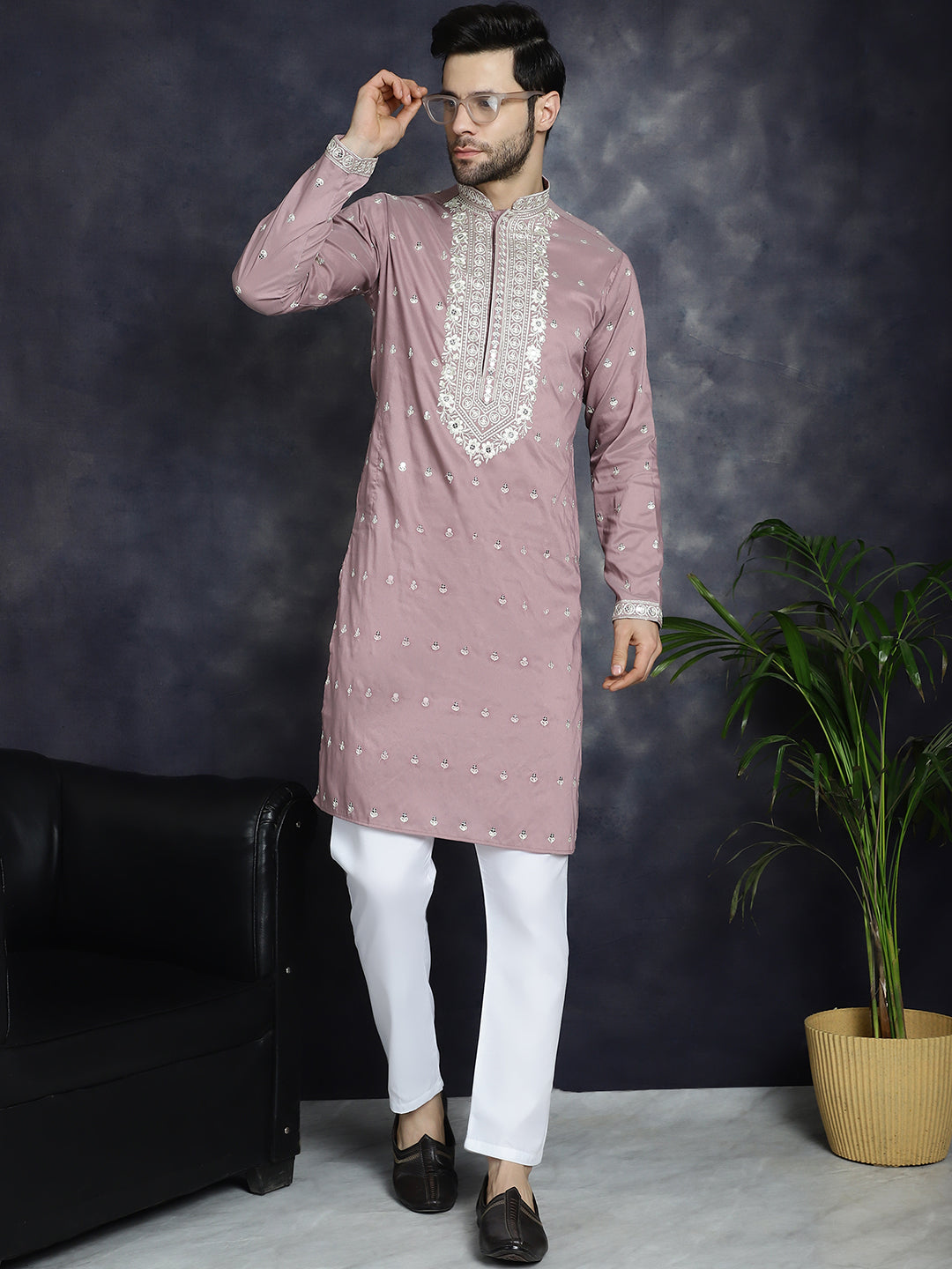 Jompers Men's Chikankari Embroidered Kurta Pyjama Set - Magenta