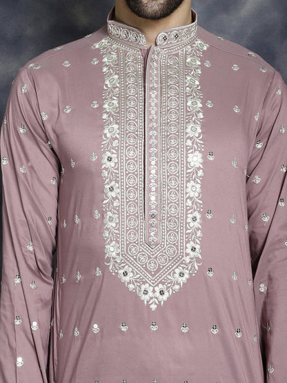 Jompers Men's Chikankari Embroidered Kurta Pyjama Set - Magenta