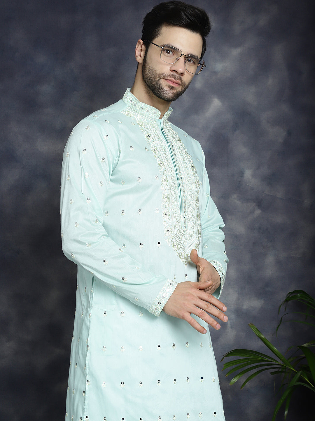 Jompers Men's Chikankari Embroidered Kurta Pyjama Set - Sky Blue