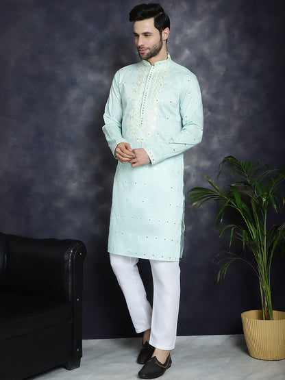 Jompers Men's Chikankari Embroidered Kurta Pyjama Set - Sky Blue