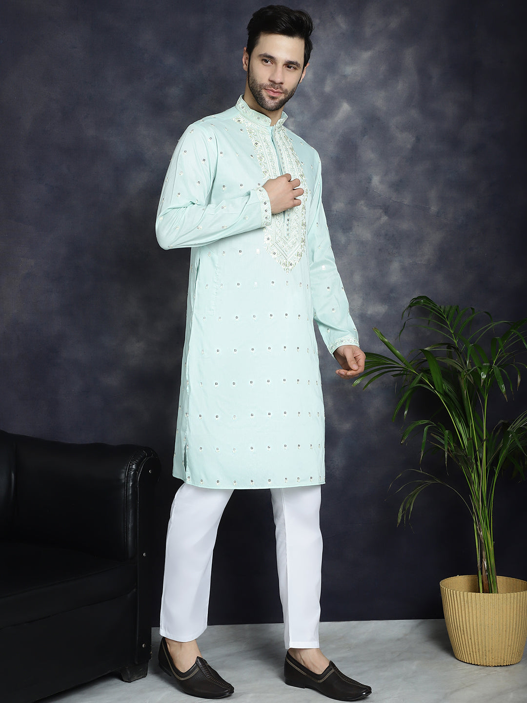Jompers Men's Chikankari Embroidered Kurta Pyjama Set - Sky Blue