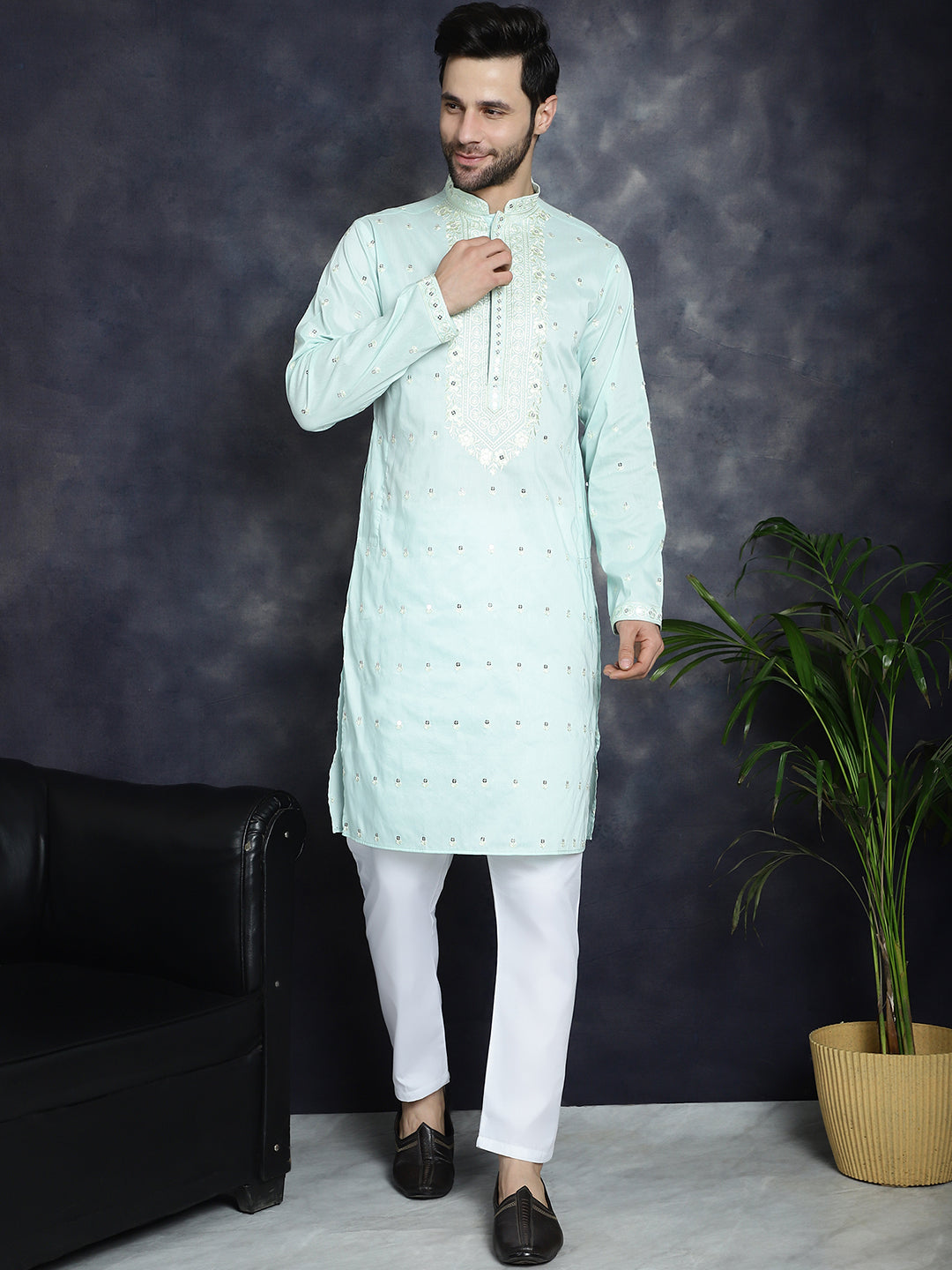 Jompers Men's Chikankari Embroidered Kurta Pyjama Set - Sky Blue