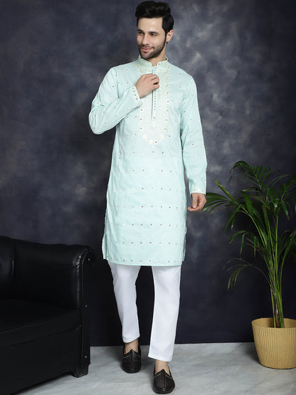 Jompers Men's Chikankari Embroidered Kurta Pyjama Set - Sky Blue