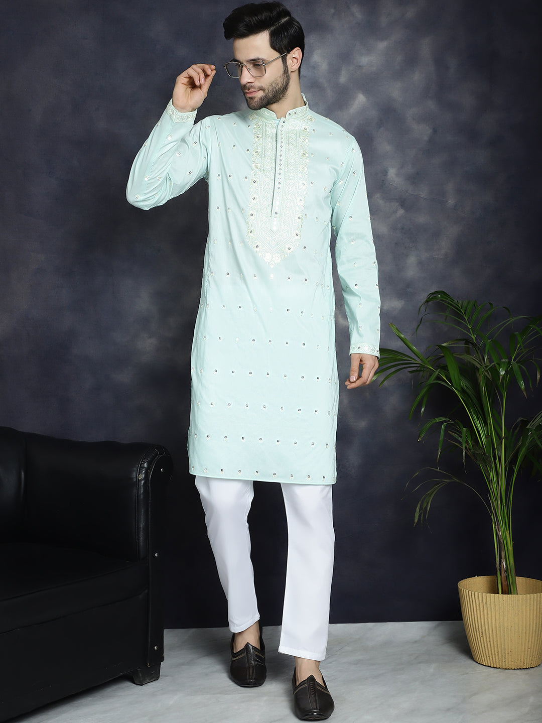 Jompers Men's Chikankari Embroidered Kurta Pyjama Set - Sky Blue