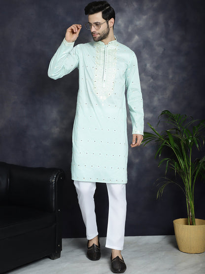 Jompers Men's Chikankari Embroidered Kurta Pyjama Set - Sky Blue