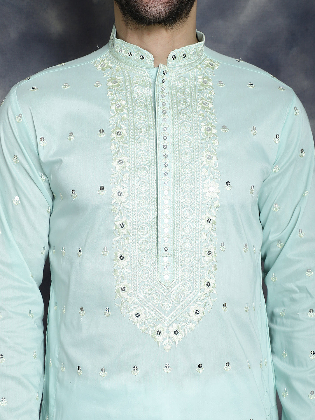 Jompers Men's Chikankari Embroidered Kurta Pyjama Set - Sky Blue
