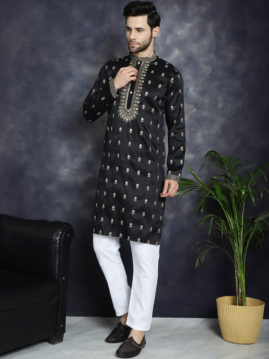 Jompers Men's Black Chikankari Embroidered Kurta With Pyjama