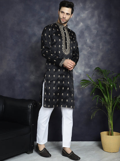 Jompers Men's Black Chikankari Embroidered Kurta With Pyjama