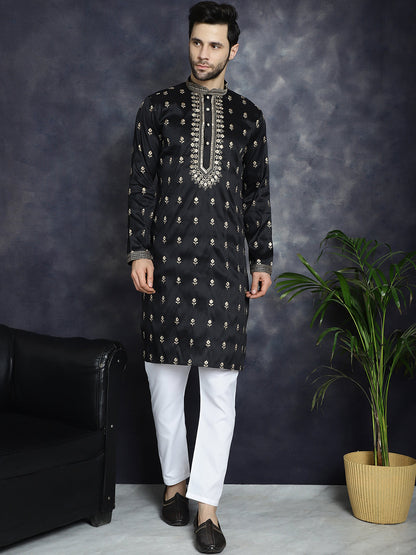 Jompers Men's Black Chikankari Embroidered Kurta With Pyjama