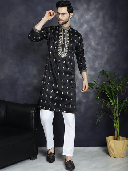 Jompers Men's Black Chikankari Embroidered Kurta With Pyjama