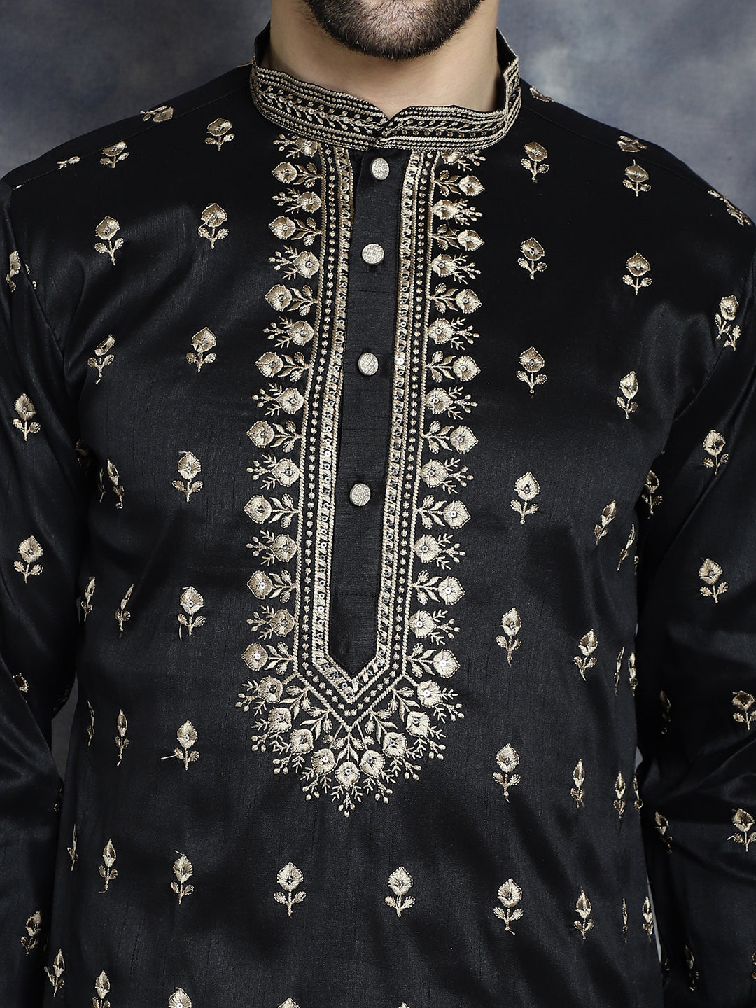 Jompers Men's Black Chikankari Embroidered Kurta With Pyjama