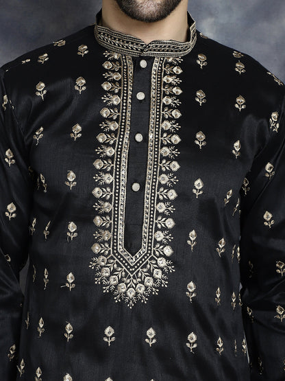 Jompers Men's Black Chikankari Embroidered Kurta With Pyjama