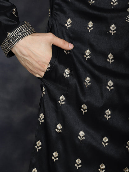 Jompers Men's Black Chikankari Embroidered Kurta With Pyjama