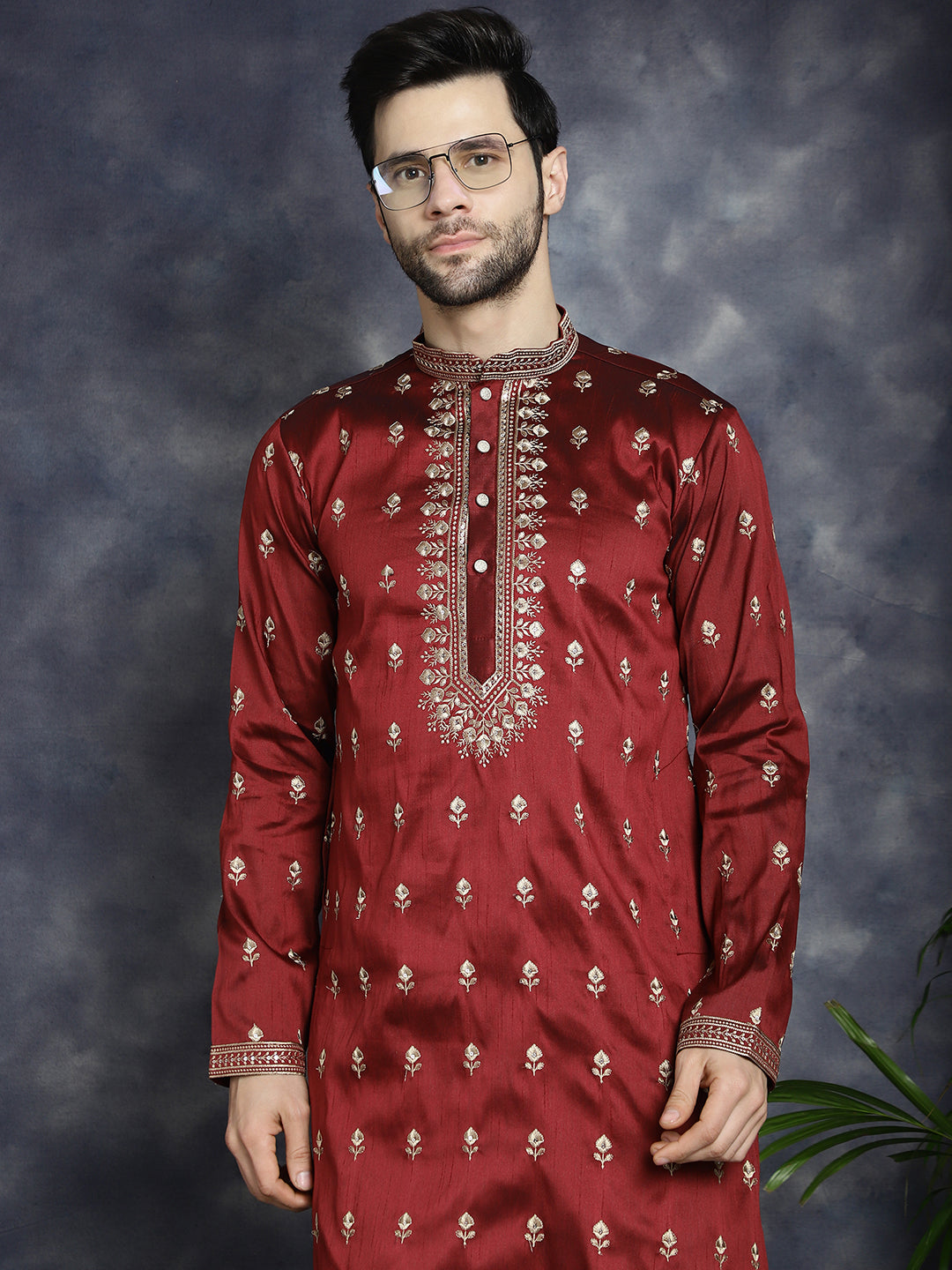 Jompers Men's Maroon Chikankari Embroidered Kurta With Pyjama