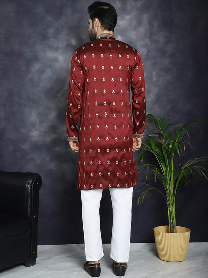 Jompers Men's Maroon Chikankari Embroidered Kurta With Pyjama