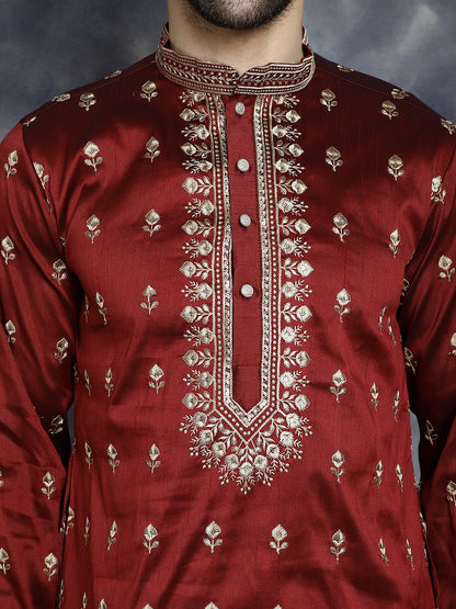 Jompers Men's Maroon Chikankari Embroidered Kurta With Pyjama