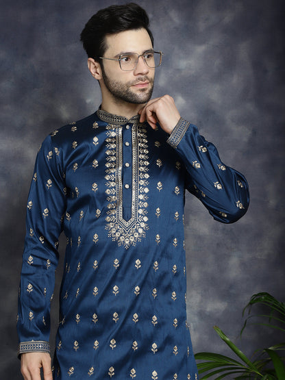 Jompers Men's Navy Blue Chikankari Embroidered Kurta With Pyjama