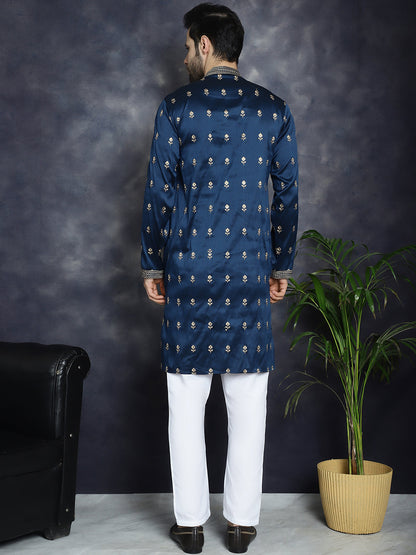 Jompers Men's Navy Blue Chikankari Embroidered Kurta With Pyjama