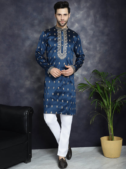Jompers Men's Navy Blue Chikankari Embroidered Kurta With Pyjama