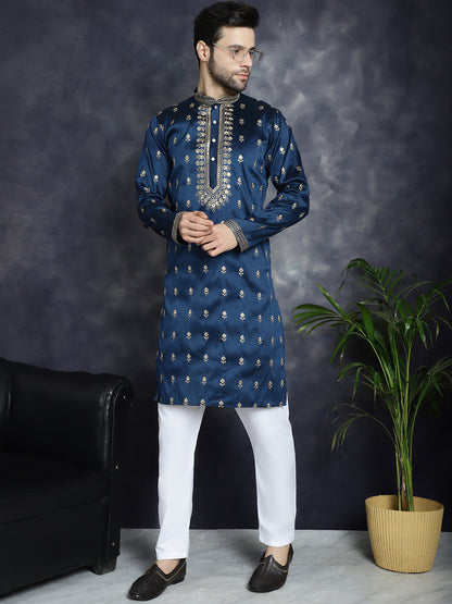 Jompers Men's Navy Blue Chikankari Embroidered Kurta With Pyjama