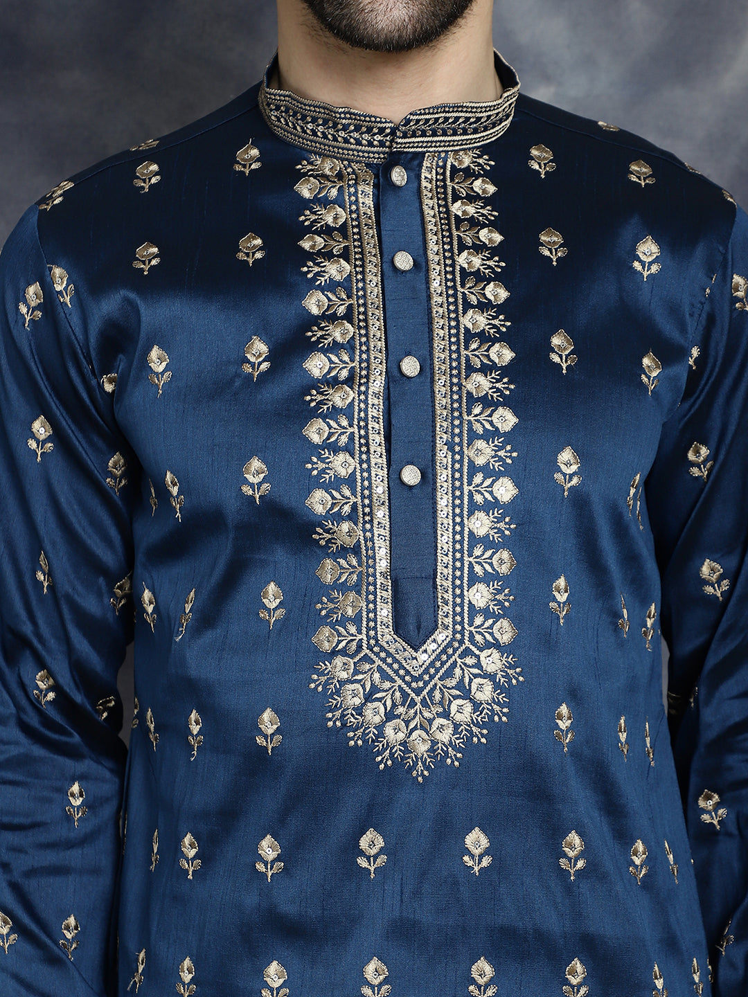 Jompers Men's Navy Blue Chikankari Embroidered Kurta With Pyjama